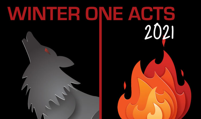 An illustration of a wolf howling and a roaring fire under the words “Winter One Acts 2021”